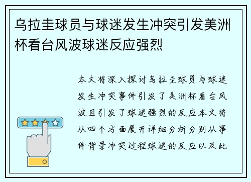 乌拉圭球员与球迷发生冲突引发美洲杯看台风波球迷反应强烈 乌拉圭球员与球迷发生冲突引发美洲杯看台风波球迷反应强烈